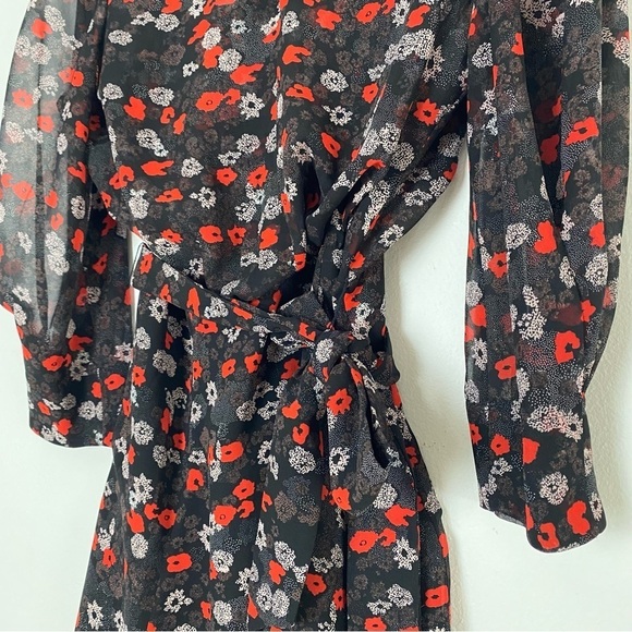 REISS Ladies Red Mix Ditsy Floral PEONY Sheer Lined Tie Waisted Party Dress US8 - Picture 6 of 16
